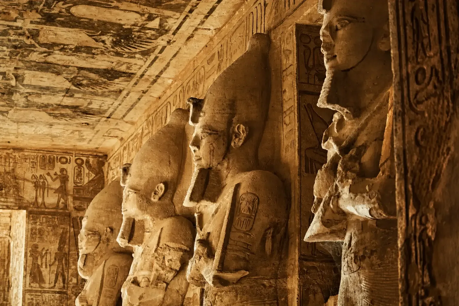 Carved pillars and reliefs inside the Great Temple of Abu Simbel