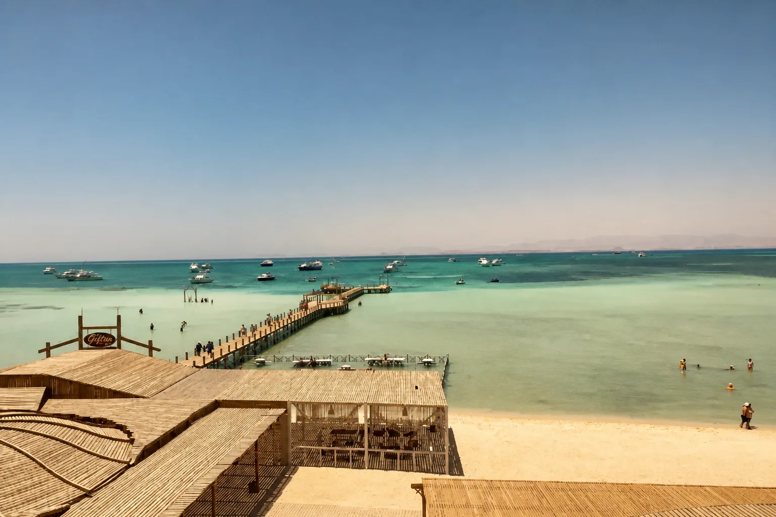 White sandbar and turquoise shallows at Orange Bay near Hurghada