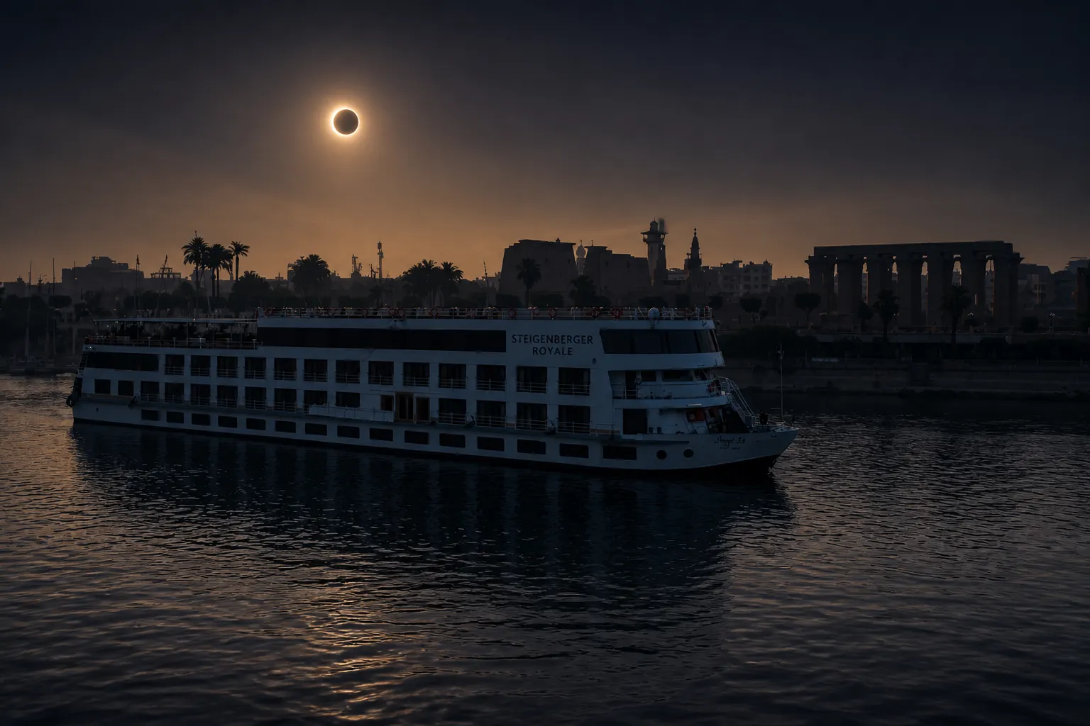 Steigenberger Royale Nile cruise ship sailing past Luxor Temple under the 2 August 2027 total solar eclipse