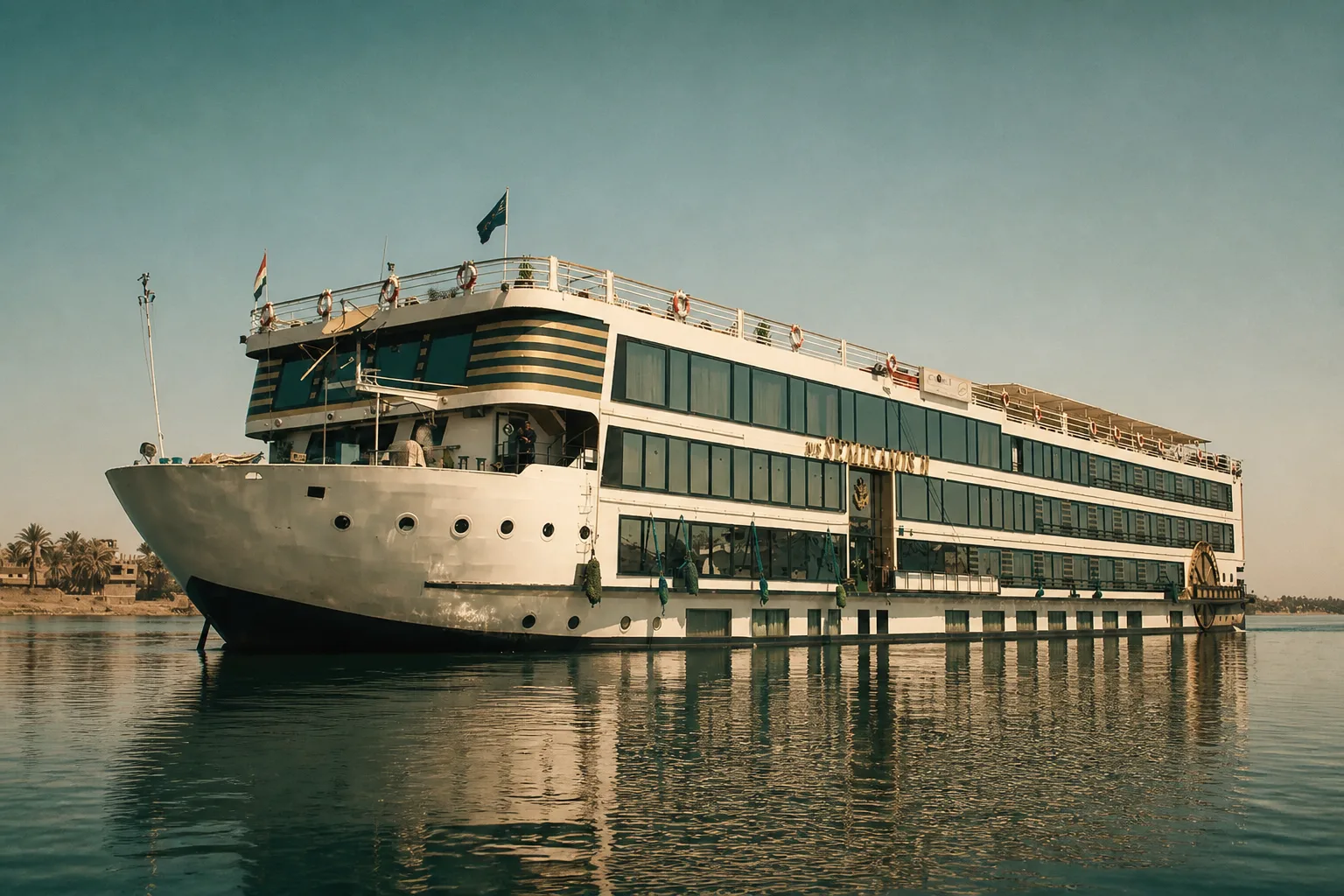 5-star Nile cruise ship docked at Luxor, round-trip Luxor to Aswan route